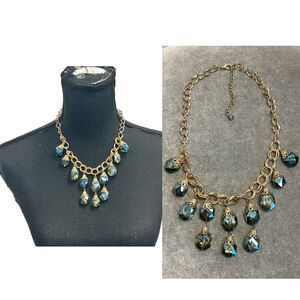 Necklace Rhinestone Vtg Borealis Blue Dangle Stones Gold Chain Filigree